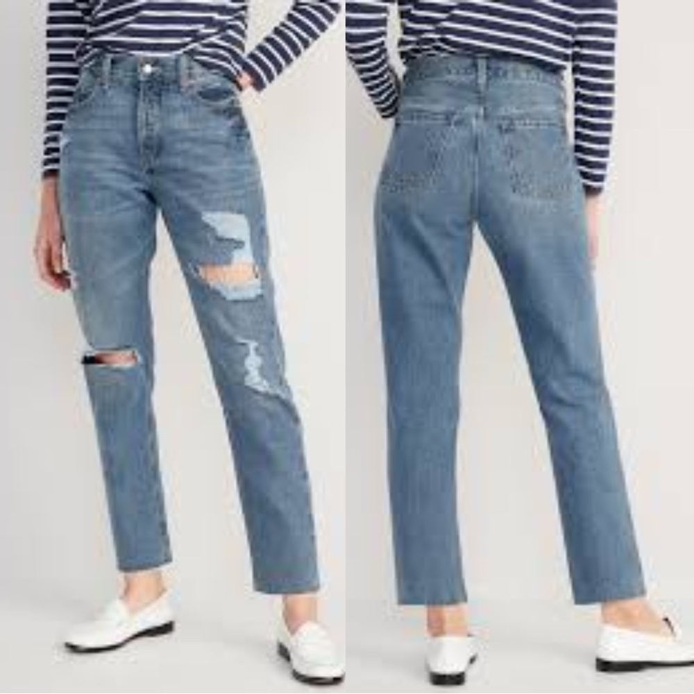 Old Navy High-Waisted Slouchy Straight Cropped Ripped Jeans Susan Rigid Denim 6